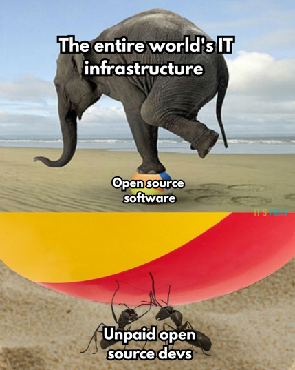 The entire world's IT infrastructure:

A photo of an Elephant standing on a rubber ball.

Unpaid open source devs:

Two ants holding up the same rubber ball.