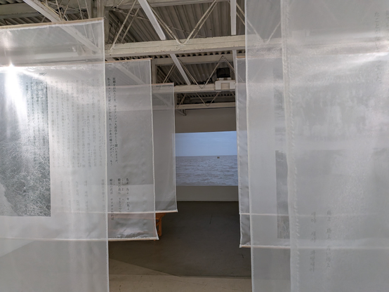 鄭梨愛「私に座礁する」展の風景。半透明な布が6枚吊り下げられており、それぞれに文章や写真が印刷されている。奥の壁には、映像が投影されている。