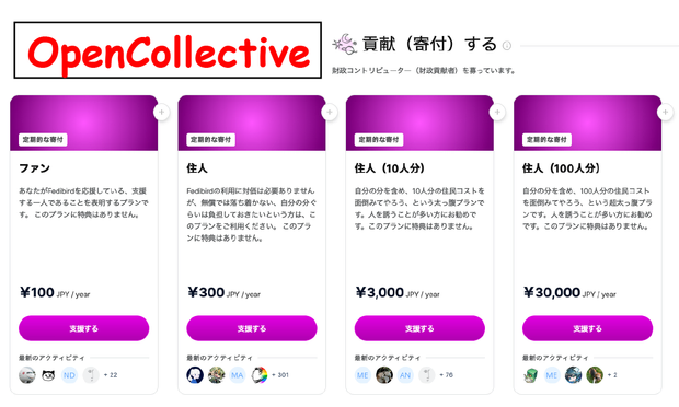 OpenCollectiveのTierの一覧
