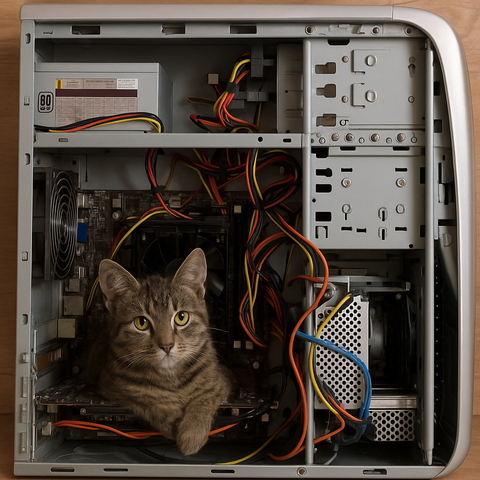 A cat sitting inside a PC. 
