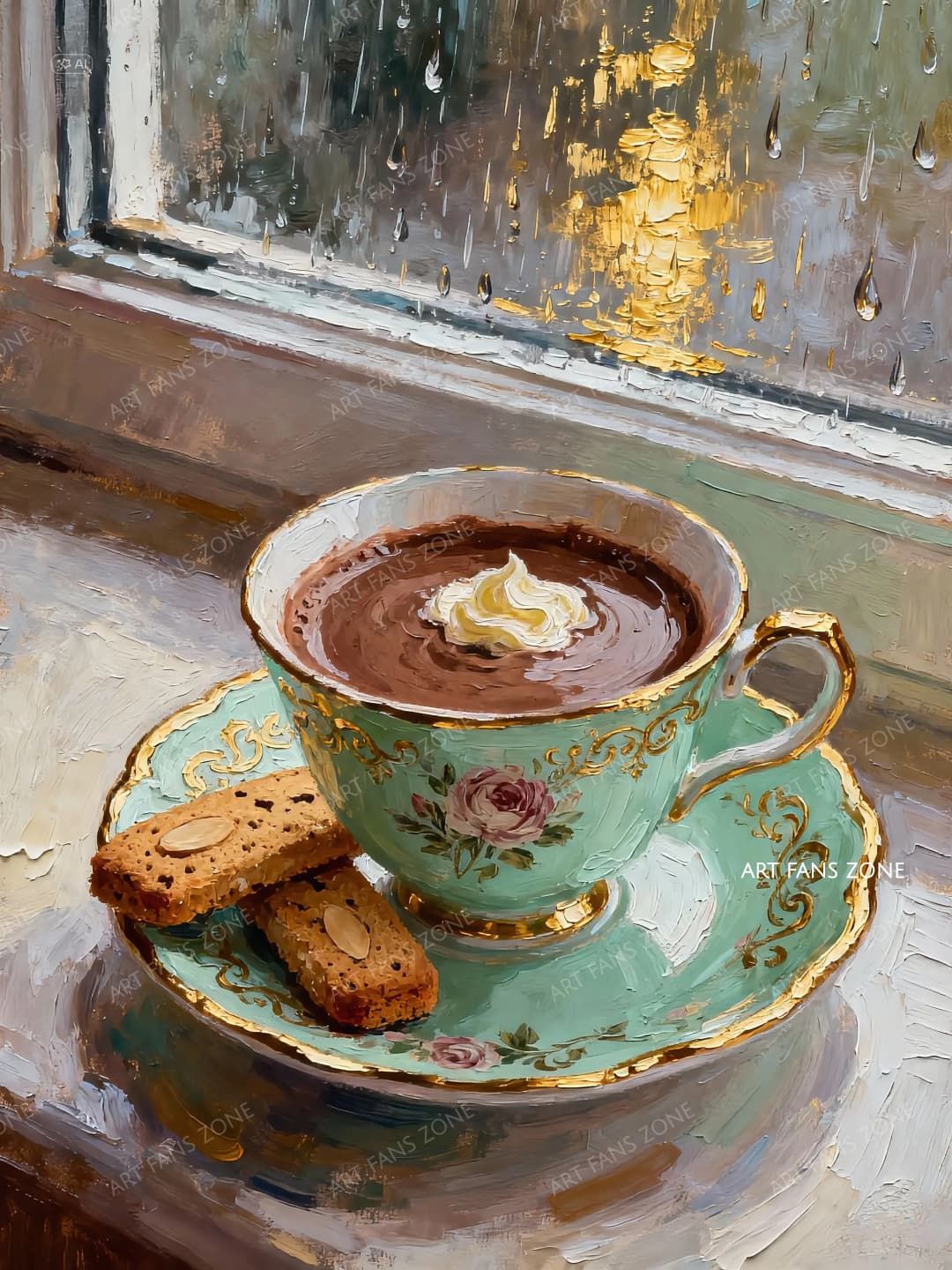 油絵風に表現された画像で、図像内容としては、窓際のテーブルに緑色のカップとソーサーが配置されたもの。カップにはココアが入っており、ソーサーにクッキーが置かれている。カップの背景の窓には雨雫が附着している。